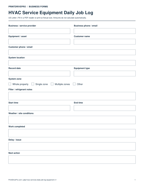 Preview of HVAC Service Equipment Daily Job Log
