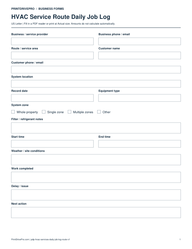 Preview of HVAC Service Route Daily Job Log