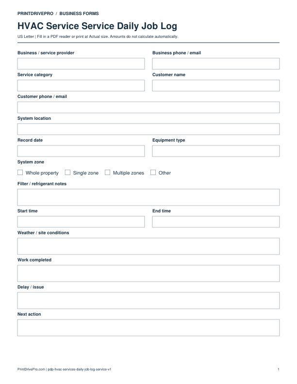 Preview of HVAC Service Service Daily Job Log