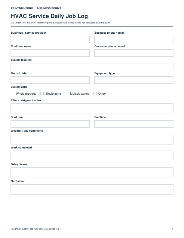 Preview of HVAC Service Daily Job Log