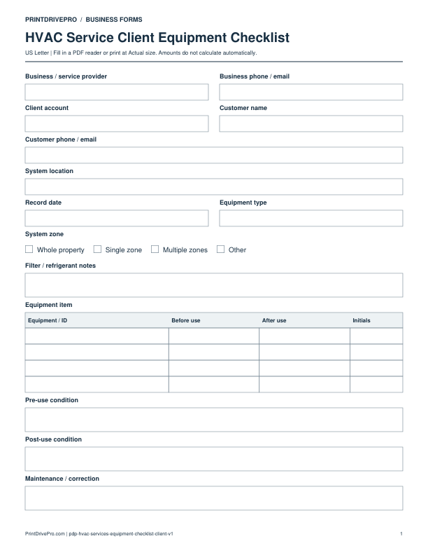 Preview of HVAC Service Client Equipment Checklist