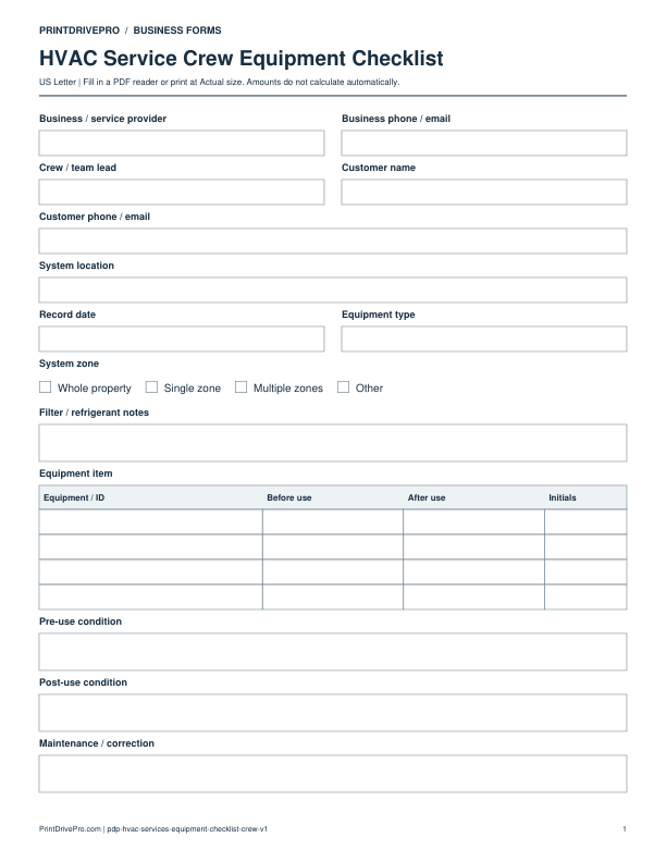 Preview of HVAC Service Crew Equipment Checklist