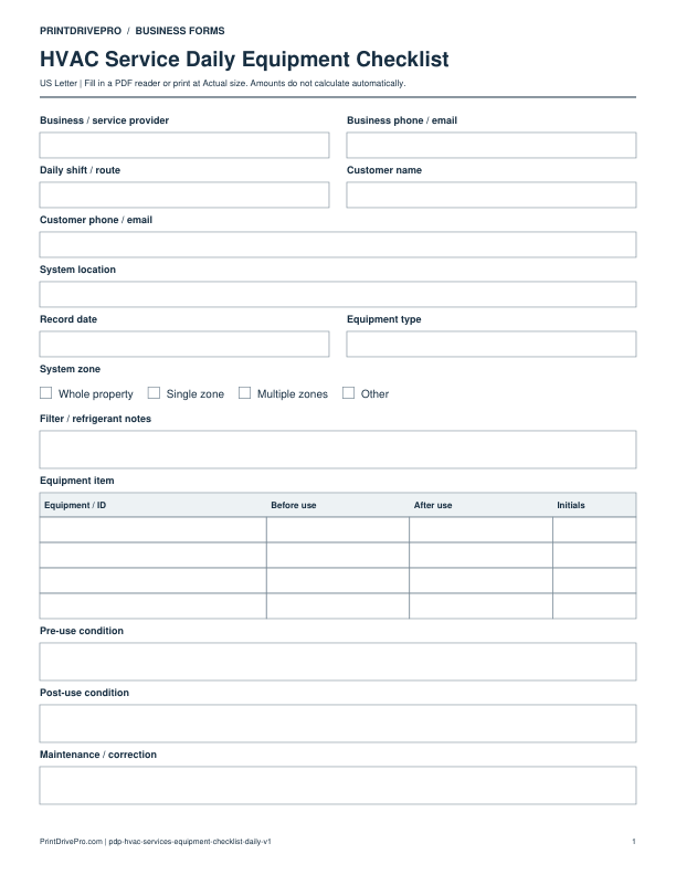 Preview of HVAC Service Daily Equipment Checklist