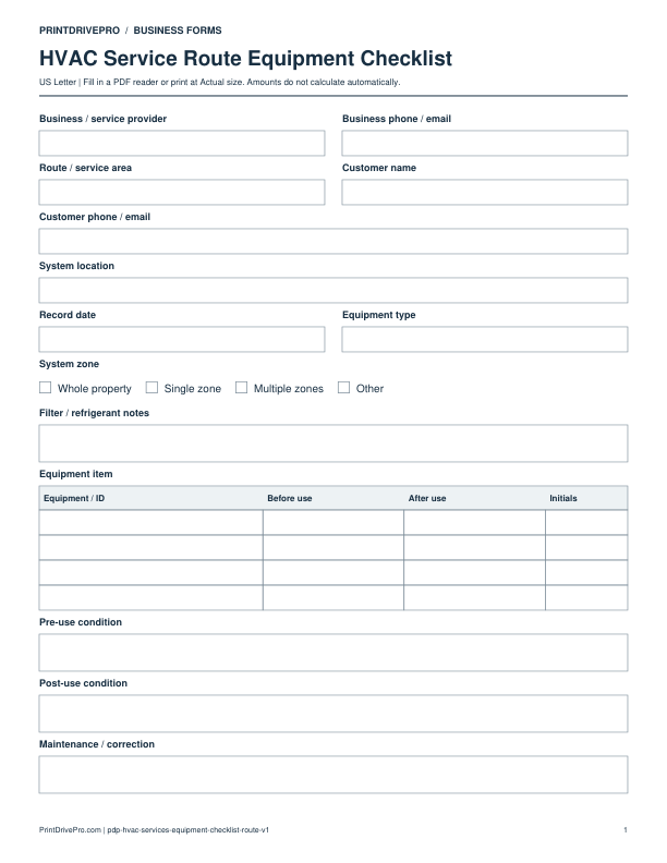 Preview of HVAC Service Route Equipment Checklist