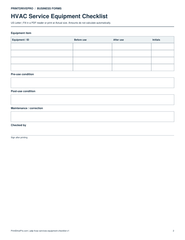 Page 2 of HVAC Service Equipment Checklist Printable
