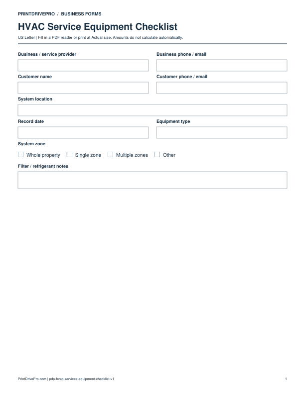 Preview of HVAC Service Equipment Checklist