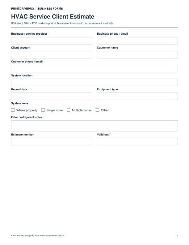 Preview of HVAC Service Client Estimate