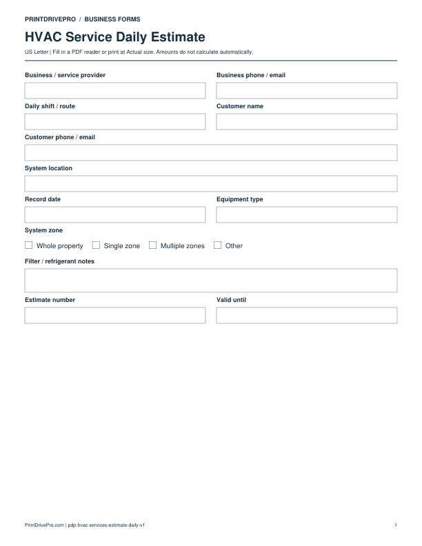 Preview of HVAC Service Daily Estimate