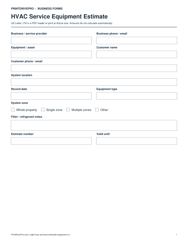 Preview of HVAC Service Equipment Estimate
