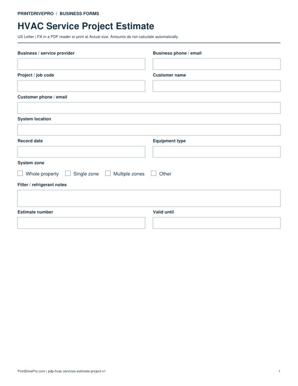 Preview of HVAC Service Project Estimate