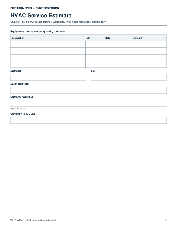 Page 2 of HVAC Service Estimate Printable