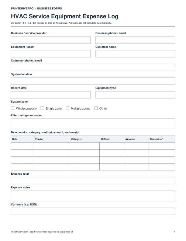 Preview of HVAC Service Equipment Expense Log