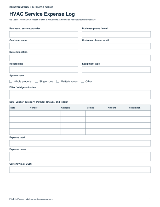Preview of HVAC Service Expense Log