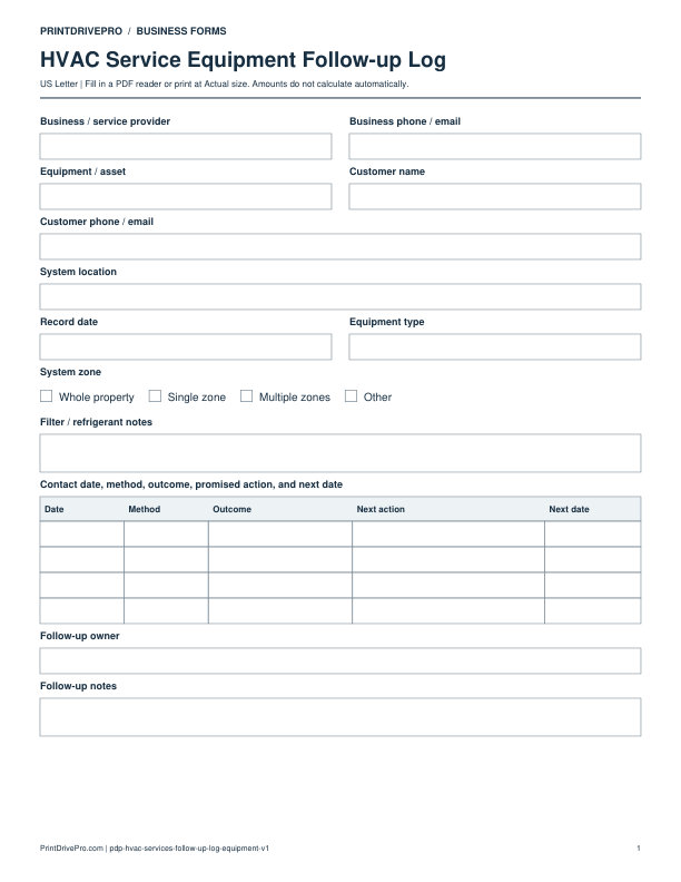 Preview of HVAC Service Equipment Follow-up Log