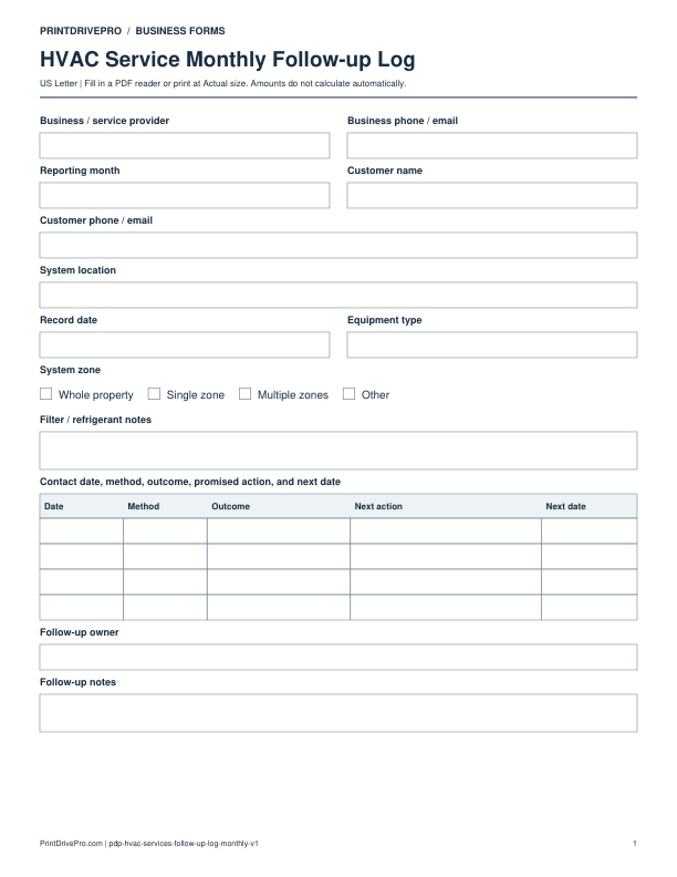 Preview of HVAC Service Monthly Follow-up Log