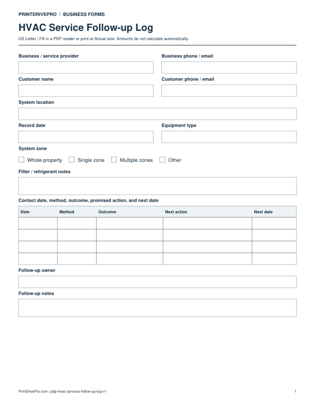 Preview of HVAC Service Follow-up Log