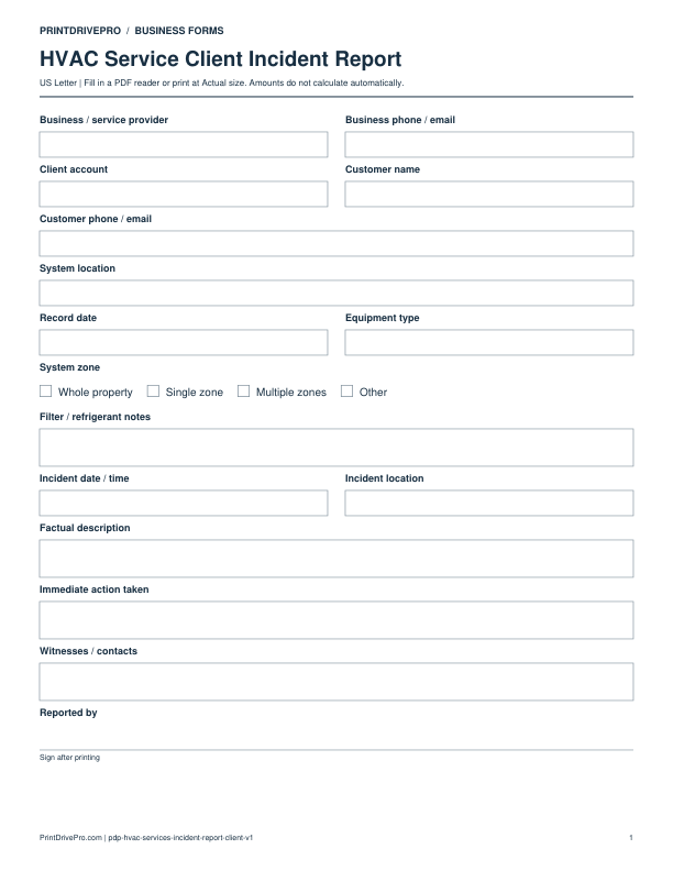Preview of HVAC Service Client Incident Report