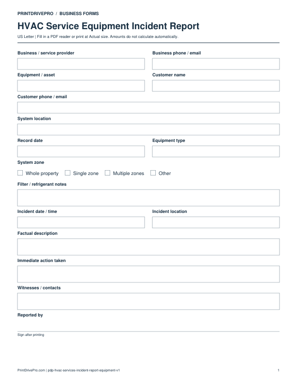 Preview of HVAC Service Equipment Incident Report