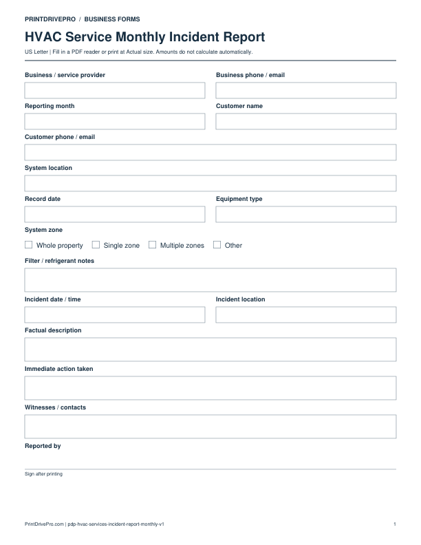 Preview of HVAC Service Monthly Incident Report