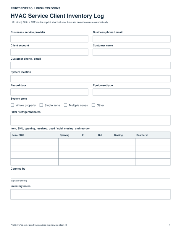 Preview of HVAC Service Client Inventory Log