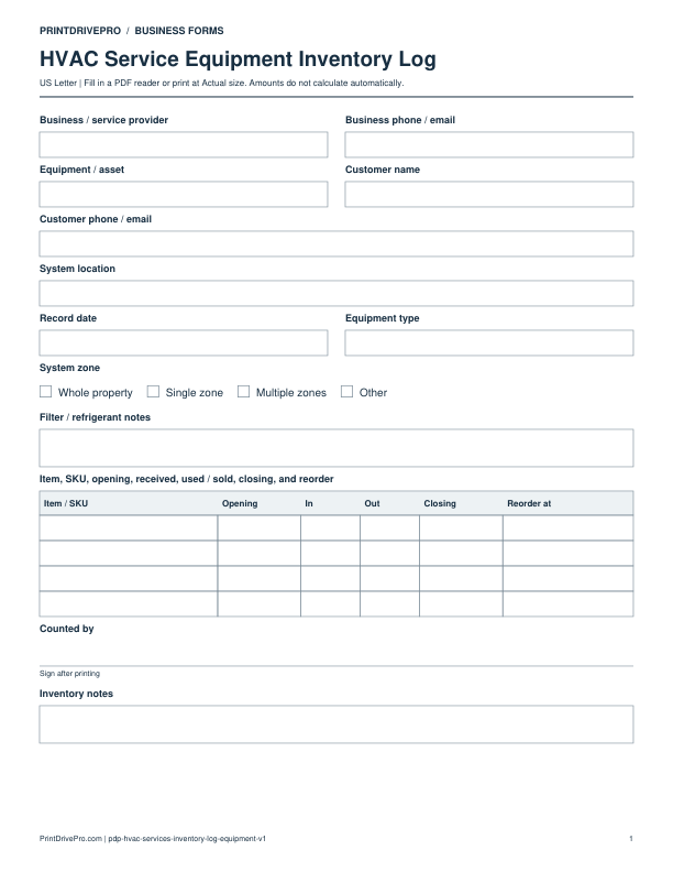 Preview of HVAC Service Equipment Inventory Log
