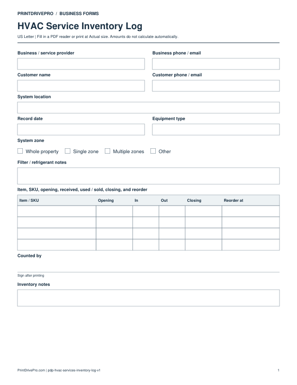 Preview of HVAC Service Inventory Log