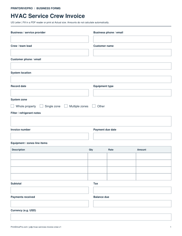 Preview of HVAC Service Crew Invoice
