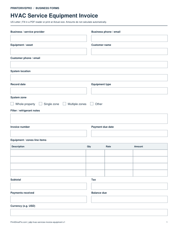 Preview of HVAC Service Equipment Invoice