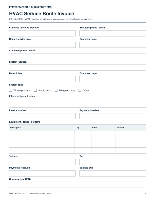 Preview of HVAC Service Route Invoice