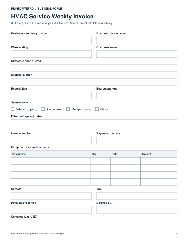 Preview of HVAC Service Weekly Invoice