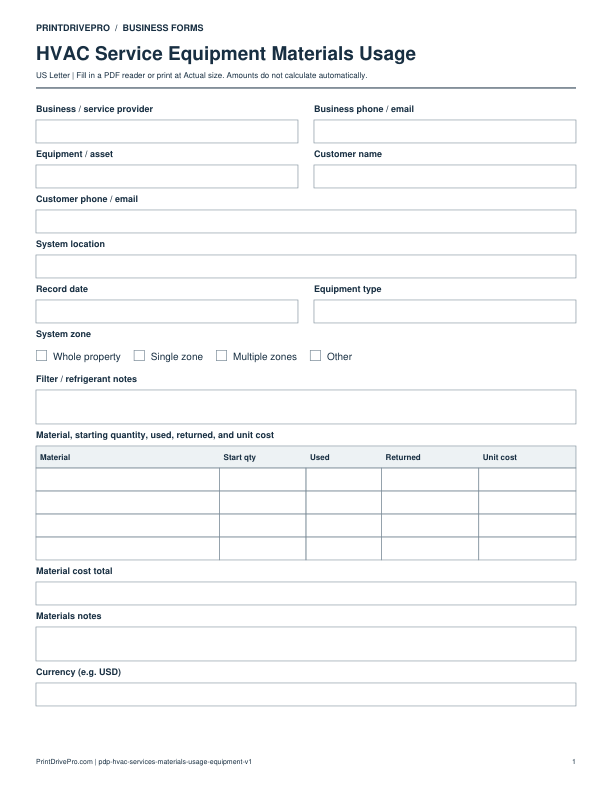 Preview of HVAC Service Equipment Materials Usage