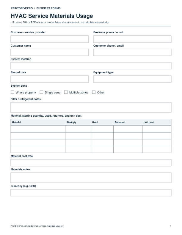 Preview of HVAC Service Materials Usage