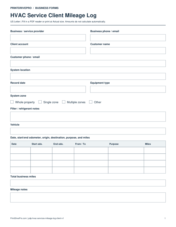 Preview of HVAC Service Client Mileage Log