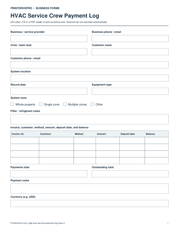 Preview of HVAC Service Crew Payment Log