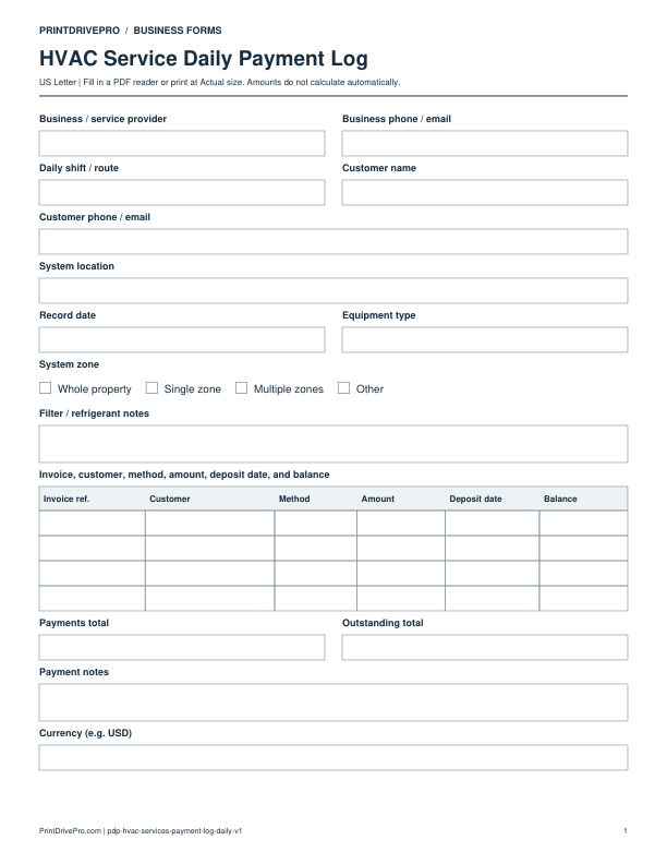 Preview of HVAC Service Daily Payment Log
