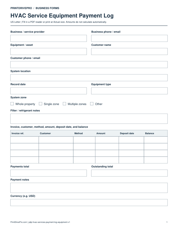 Preview of HVAC Service Equipment Payment Log