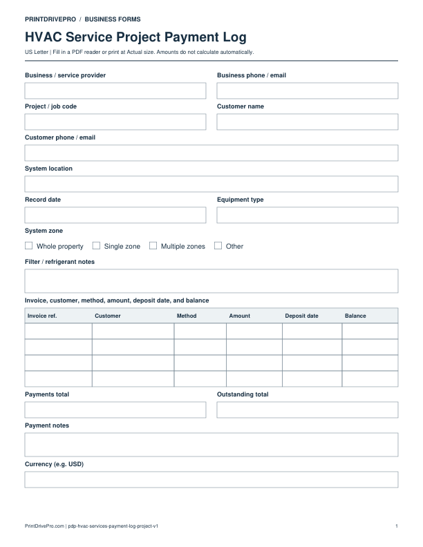 Preview of HVAC Service Project Payment Log