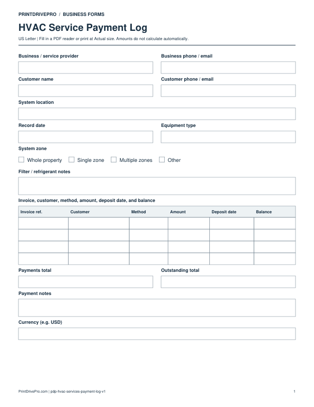 Preview of HVAC Service Payment Log