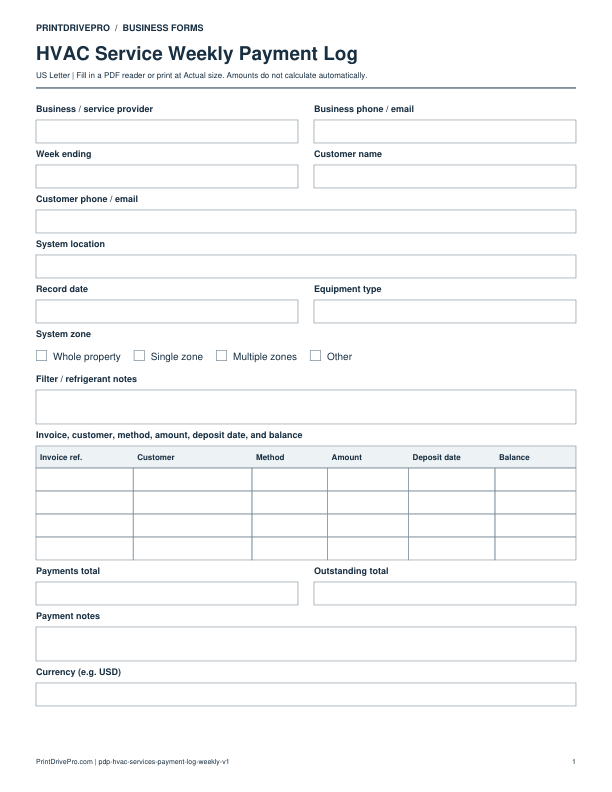 Preview of HVAC Service Weekly Payment Log