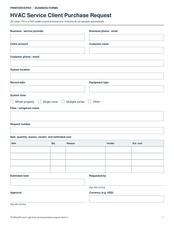 Preview of HVAC Service Client Purchase Request