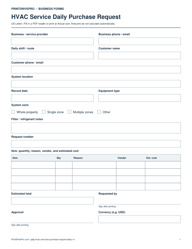 Preview of HVAC Service Daily Purchase Request