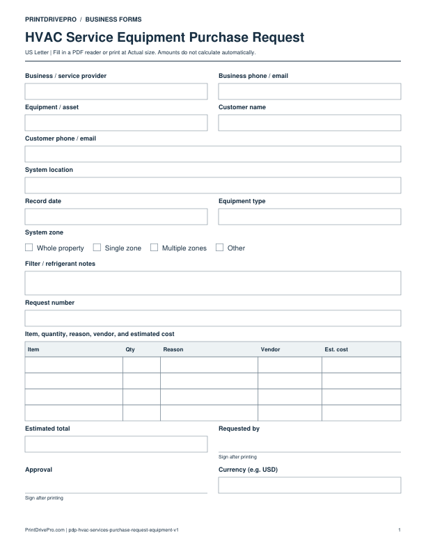 Preview of HVAC Service Equipment Purchase Request