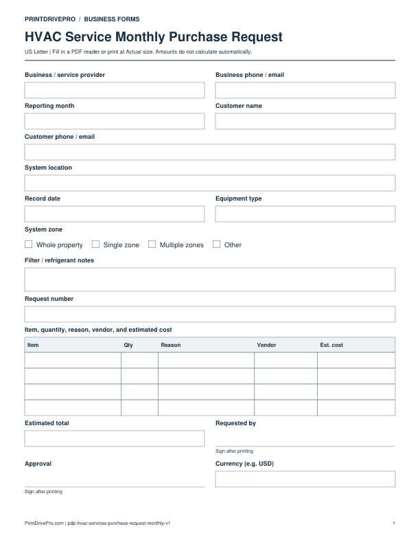 Preview of HVAC Service Monthly Purchase Request