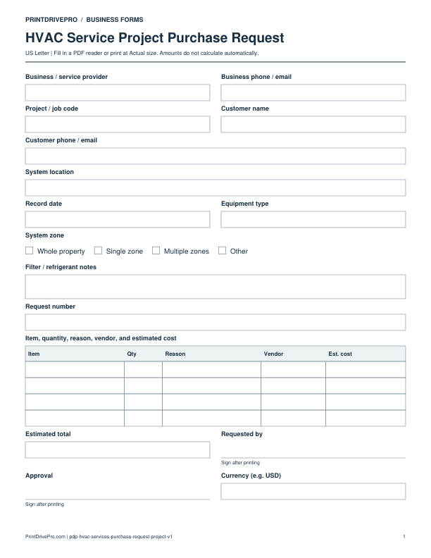 Preview of HVAC Service Project Purchase Request