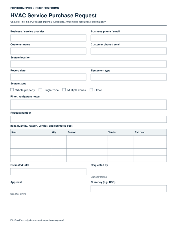 Preview of HVAC Service Purchase Request