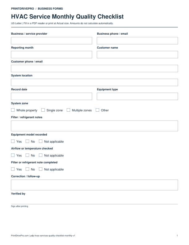Preview of HVAC Service Monthly Quality Checklist