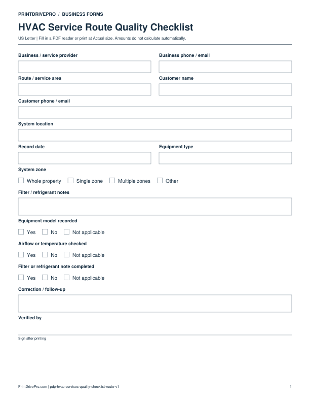 Preview of HVAC Service Route Quality Checklist