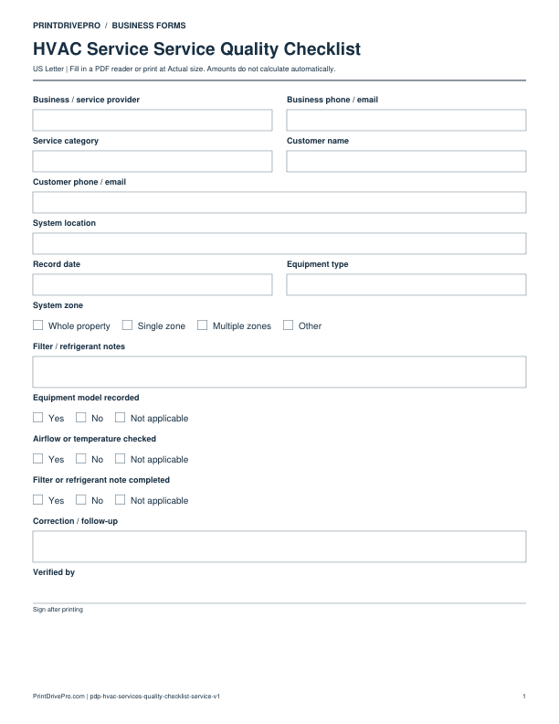 Preview of HVAC Service Quality Checklist