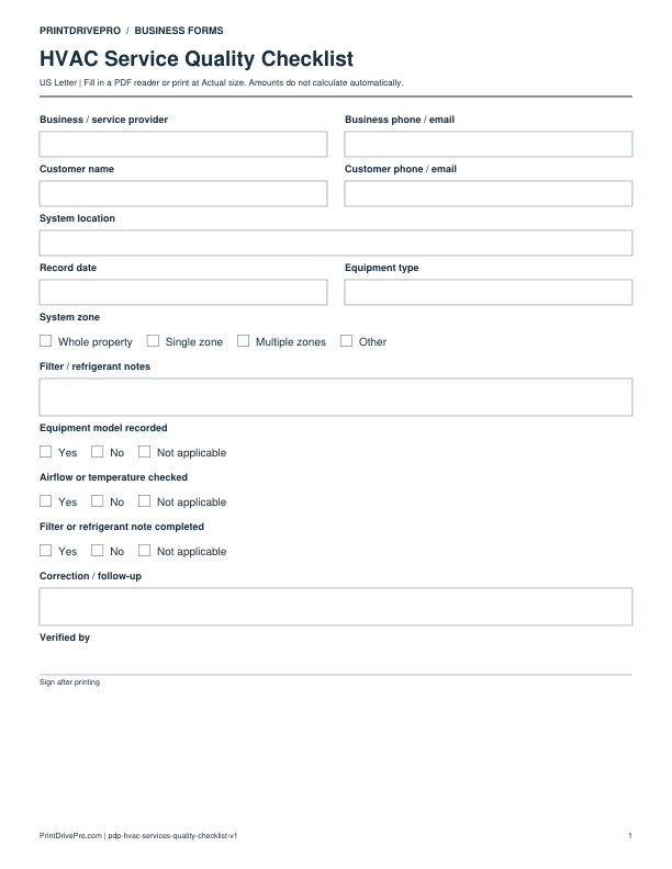 Preview of HVAC Service Quality Checklist