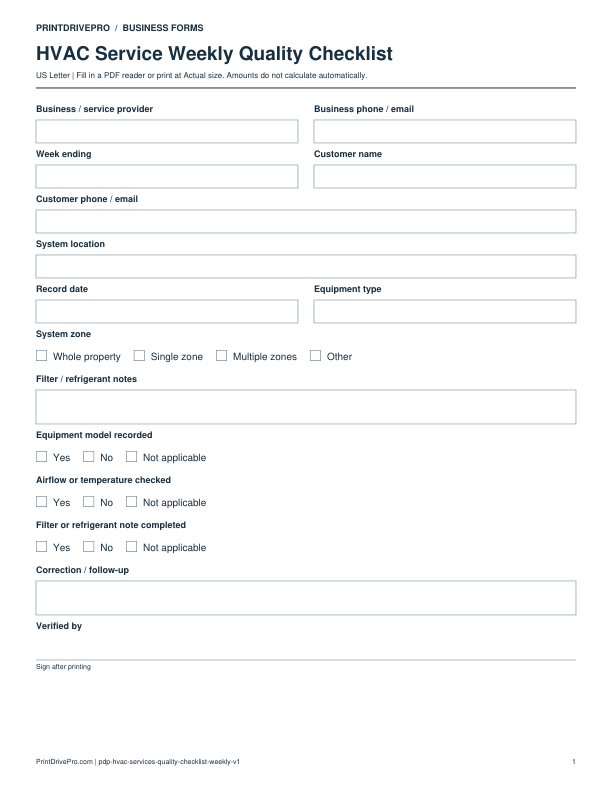 Preview of HVAC Service Weekly Quality Checklist